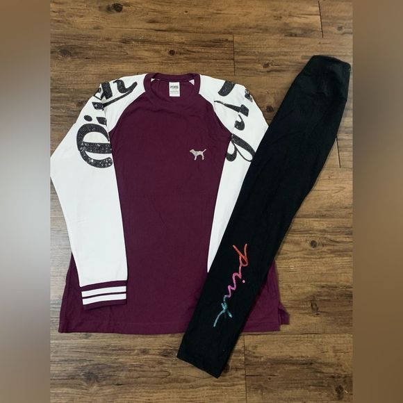 PINK BS BURGANDY BLING TSHIRT/ YOGA LEGGINGS OUTFIT - Picture 3 of 12